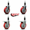 Service Caster 5'' Red Poly Swivel 1-1/8'' Expanding Stem Caster Set 2 Total Lock Brakes, 4PK SCC-EXTTL20S514-PPUB-RED-2-S-2-118